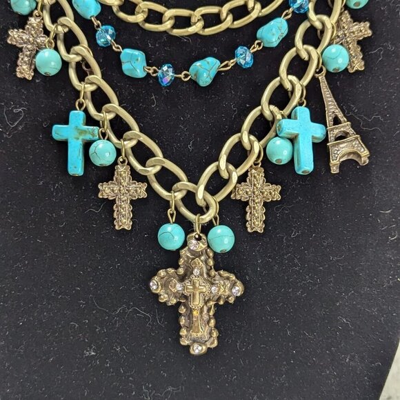 Southwestern Aqua Turquoise Goldtone Cross Pendants Statement Necklace - Picture 3 of 7